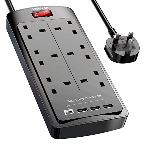 POWSAF 6 Way Extension Lead wi...e for Home Office Travel,Black - down 10.01% (£1.44) to £12.94 from £14.38
