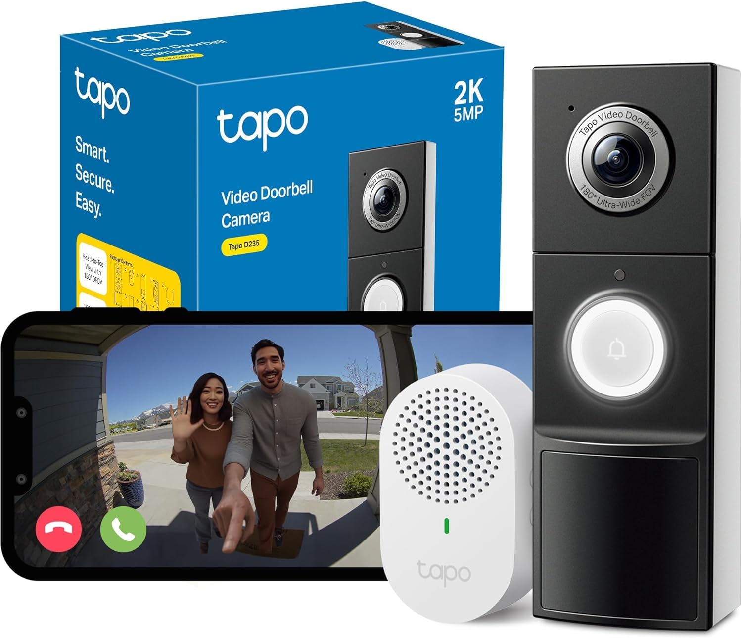 Tapo D235 2K 5MP Doorbell Wireless 180°DFOV Ultra-Wide Video Doorbell Wireless or Wired,Battery 210 Day,Ring Chime Included,Head-to-Toe View IP66,TP-Link Free AI Detection,Alexa,No Monthly Fee