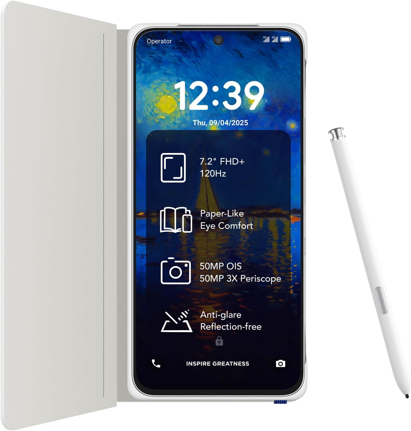 TCL NXTPAPER 60 Ultra 5G Android Smartphone,7.2" FHD+,12GB RAM+512GB ROM,Eye Care Phone,Lunar White,with Flip Cover and Stylus