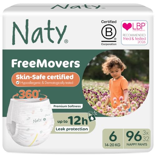 Naty FreeMovers Nappy Pants, Size 6,(14–20 kg), 96 Count - down 23.52% (£10.66) to £34.67 from £45.33