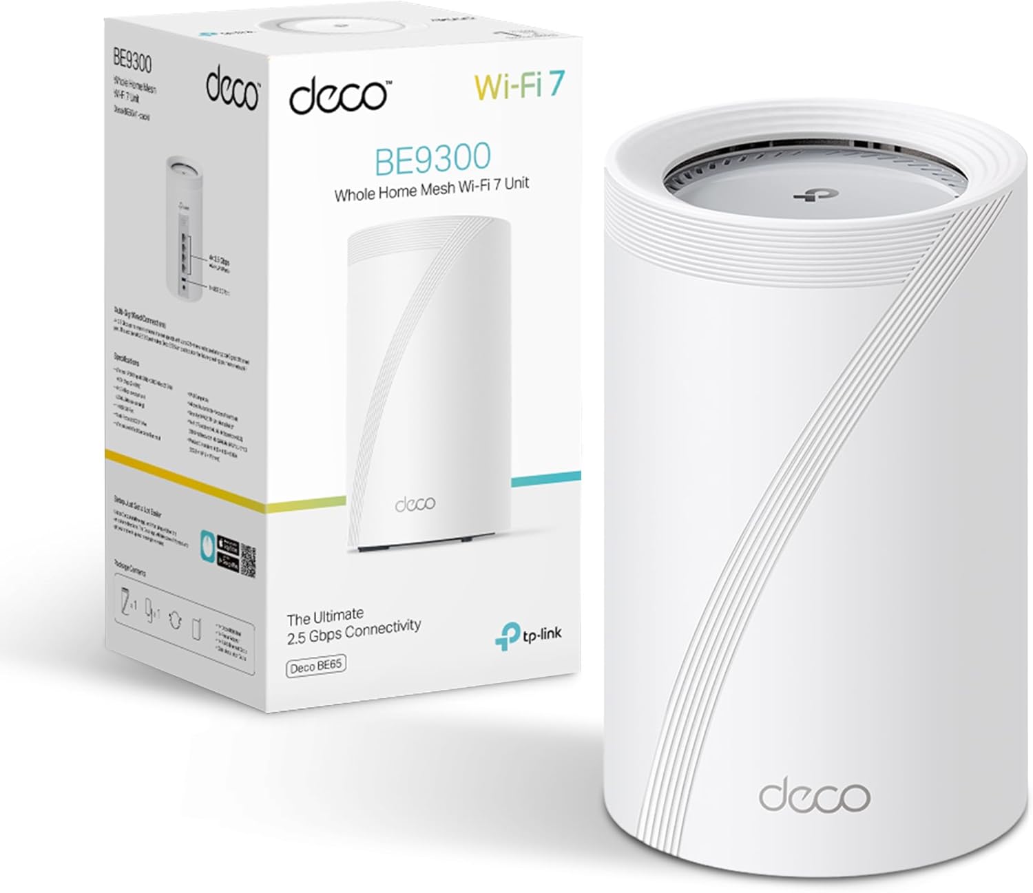 TP-Link Deco BE65 BE9300Mbps Tri-Band WiFi 7 Router,2.5G Fast Port, Multigigabit Wired and Wireless Connectivity,AI Driven WiFi Booster Only for Deco, Mesh Ready,Homeshield,Easy Setup