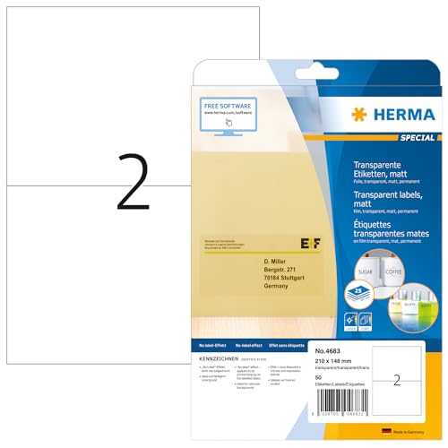 HERMA Transparent Film Labels,... Printer Compatible, 25 Sheets - down 46.37% (£10.98) to £12.70 from £23.68