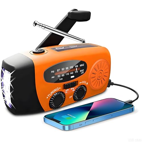 SOLARBABY Wind Up Solar Radio, Emergency Hand Crank Self Powered AM/FM Survival Solar Weather Radio with LED Flashlight,SOS Alarm,2000mAh Emergency Power Bank for Smart Phone (M-Orange)