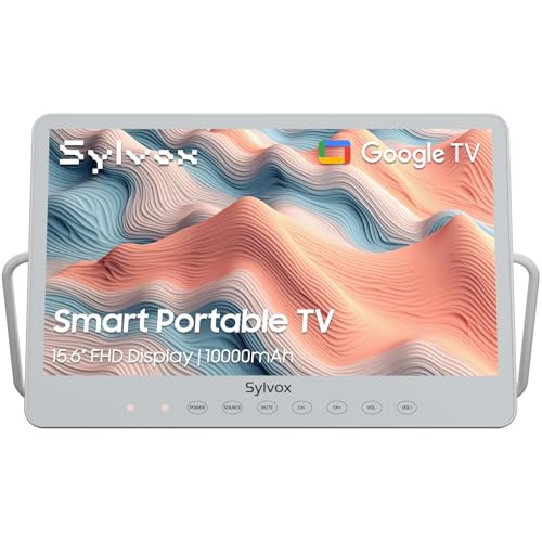 SYLVOX Smart Portable TV, 15.6'' Rechargeable Television 12V 10000mAh Battery Operated TV, IP66 Waterproof, Wireless, Google Assistant, Small Television for Bedroom Bathroom Kitchen Camping