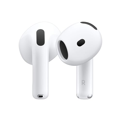 Apple AirPods 4 Wireless Earbuds, Bluetooth Headphones, Personalised Spatial Audio, Sweat and Water Resistant, USB-C Charging Case, H2 Chip, Up to 24 Hours of Battery Life, Effortless Setup for iPhone