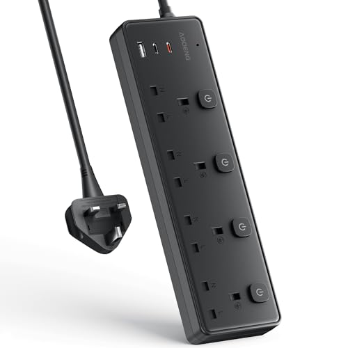 Extension Lead with 3 USB Slots(30W),4 Way Sockets Outlets Ports Extension Cable with 4 Individual Switches Surge Protected，Wall Mountable Extension Socket for Home,Office,School,2M,Black