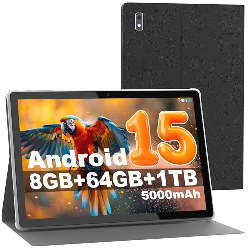 Byybuo 10.1 inch Android 15 Tablet With Case, 8GB RAM + 64GB ROM + 1TB TF Expand, 5MP+8MP Camera, WiFi 6, BT5.4, 1280 * 800 IPS, 5000mAh, Dual Speakers, SmartPad android tablets, Gray