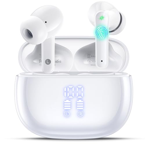 ZIUTY Wireless Earbuds, Bluetooth Headphones 5.4 In Ear with Mic, 48H Playtime LED Display, IPX7 Waterproof, Deep Bass Stereo – Wireless Earphones for Running, Gym & Gaming, White