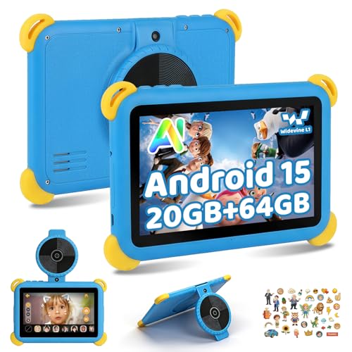 Ainmel Kids Tablet 7 inch Android 15 Tablet for Kids, 20GB+64GB (TF 1TB), Android Tablet with Parental Control, AI Dual Cam&Learning, WiFi 6/BT 5.3, Widevine L1, Kid Tablet with Protective Case - Blue