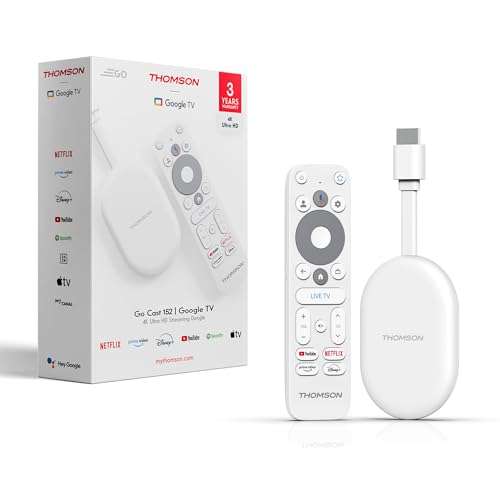 Thomson Go Cast 152 Streaming Dongle, 4K UHD Google TV, Voice Control, Google Cast, Dolby Atmos, Dolby Digital+, HDR10, Portable, 2 GB RAM, 32 GB Storage