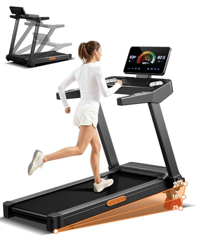 Foldable Treadmills for Home with 20% Incline, 14KM/H Treadmill with Handles, Running Machine for Heavy People, 180KG Weight Capacity, Large Running Belt and Intelligent LED Touch Screen