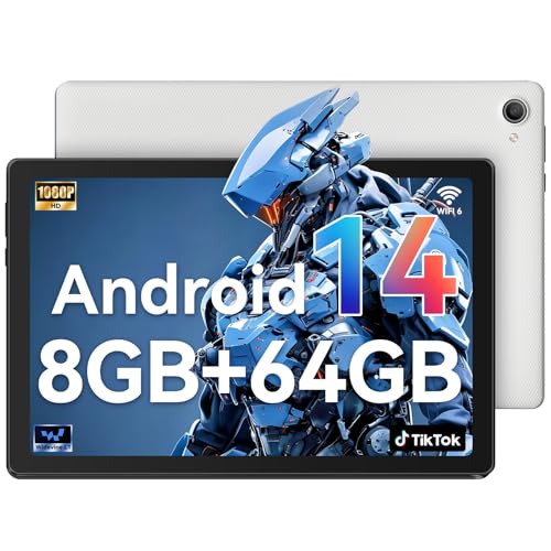Laptok Tablet 10 Inch, Android 14 Tablet with 8GB+64GB+1TB, Face ID & Fast Charging, 5MP+8MP, 5000mAh, WiFi 6 (2.4GHz & 5GHz), Bluetooth 5.3, 1280 * 800 IPS HD Screen(White)
