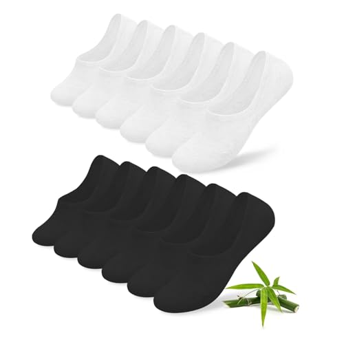 FALARY 6 Pairs Trainer Socks Womens 4-7 Bamboo Fibre Socks Mens 6-8 Invisible Ankle Low Cut Casual Running Thin for Sneakers & Canvas Shoes Sport Summer White Black No Show
