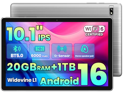 TPZ 2026 Latest Android 16 Tablet 10.1 Inch, Octa-Core 20GB RAM+1TB Expandable, 1280x800 IPS HD, 5G, Bluetooth 5, Widevine L1, Dual Camera, Tablet for Work & Entertainment,Dual Speakers,WiFi 6,Gray