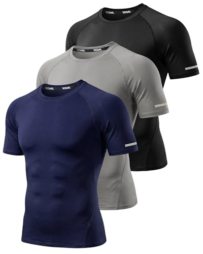 YESWEL 3 Pack Mens Compression Gym T-Shirts Polyester Dry Fit, Breathable Moisture Wicking Athletic Workout Short Sleeve Tops(Multicolor01 M)