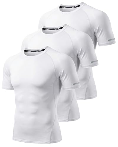 YESWEL 3 Pack Mens Compression Gym T-Shirts Polyester Short Sleeve Quick Dry, Moisture Wicking Breathable Workout Athletic Tops (White L)