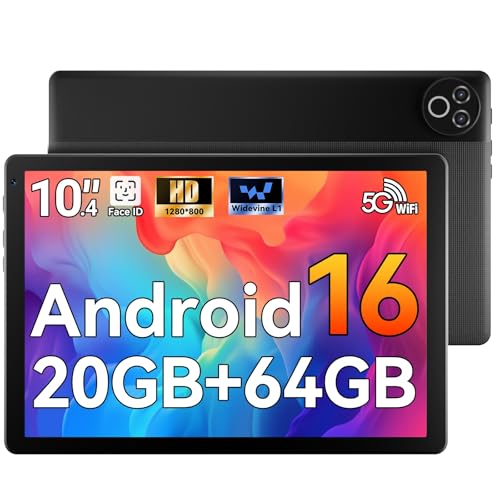 MUISOO Android 16 Tablet, 10.4 inch Tablet, 20GB RAM 64GB ROM(1TB TF Expand), 5MP+8MP Camera, WiFi 6, BT5.4, 1280 * 800 IPS, 5000mAh, Dual Speakers Pad PC Tablets, Black