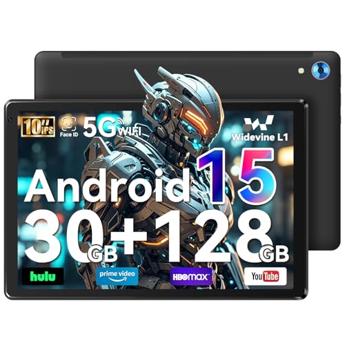 Whitedeer 10 inch Android 15 Tablet, Android Tablet with 30GB+128GB+1TB, Face ID, 5MP 8MP Camera, Split Screen, 1280x800 IPS Display, 5000mAh Battery, WiFi 6 5G 2.4G, Bluetooth 5.3, Widevine L1, Black