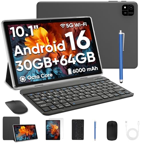 TUOHAITIME Android 16 Tablet,10.1 inch Tablet,30GB RAM+64GB ROM(TF 1TB),18W Fast Charging, Octa-Core T7280 Processor, WiFi, Dual Camera,6000mAh Battery,with Keyboard & Mous