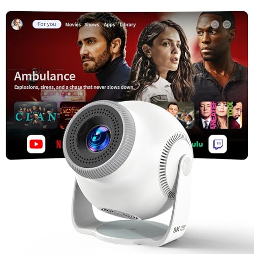 Mini Projector 4K and 1080P Support, Android 14 Smart System, 8K Decoding, 480 ANSI Lumens, Wi-Fi 6 and Bluetooth 5.4, Auto Keystone, 180° Rotatable Smart Projector for Bedroom - Pearl White