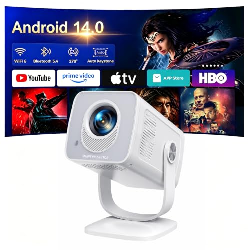 【Built-in Android 14 | Short Throw】TOPTRO Mini Portable Projector 1080P 4K Supported, Smart Projector with 270° Rotation Stand, Auto Keystone, WiFi 6 Bluetooth 5.4, Home Cinema Projectors for Bedroom