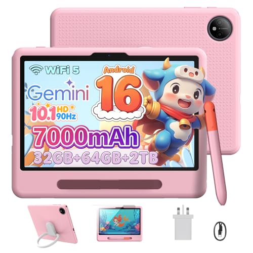 P10 Kid Kids Tablet with Silicone Case & Stylus Pen, 10 inch tablet Android 16 Tablet for Kids Ages 3-12 Years, 90Hz 32GB+64GB/TF 2TB, Gemini AI, Parental Controls, WiFi/Bluetooth/OTG/3.5mm jack, Pink