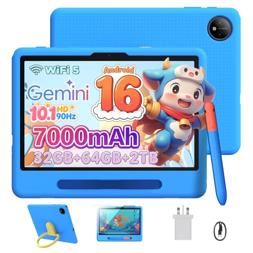 P10 Kid Kids Tablet with Silicone Case & Stylus Pen, 10 inch tablet Android 16 Tablet for Kids Ages 3-12 Years, 90Hz 32GB+64GB/TF 2TB, Gemini AI, Parental Controls, WiFi/Bluetooth/OTG/3.5mm jack, Blue