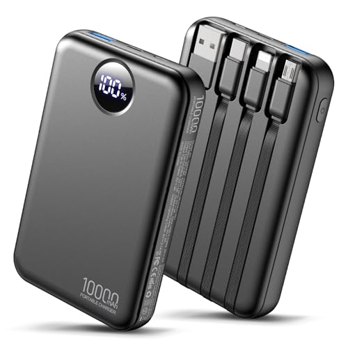 Power Bank 10000mAh with 4 Built-in Cables, Fast Charging Portable Charger for Travel Essentials, USB C Battery Pack for iPhone/Samsung/Android, LED Display Powerbank for Multiple Devices (Black)