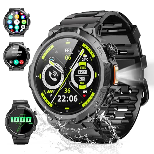 Soudorv Smart Watches for Men (Answer/Make Call), 1.53" HD Military Smartwatch, 1000 mAh Ultra-Long Battery Fitness Watch, Flashlight/110+Sports/Heart Rate/Sleep Monitor/IP68 Waterproof Android iOS