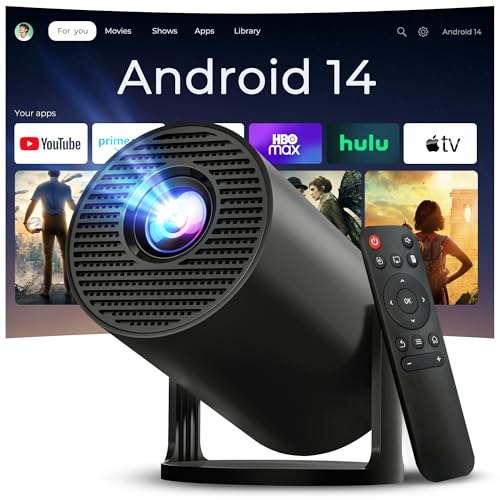 Mini Projector for Bedroom Portable with WiFi 6 and Bluetooth 5.4 Built-in Apps Android 14 OS,1080P 4K Support Auto Keystone Ceiling Projector 180° Rotatable Upgraded 300Pro+ OptiBarrel 500 Black
