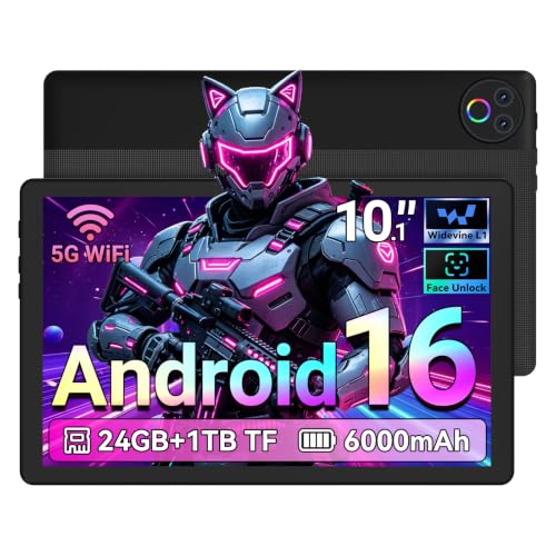 Gleeso Tablet 10 Inch｜Android 16 Tablet 24GB RAM 1TB TF｜Android Tablets with 6000mAh｜Face Unlock｜BT 5.4/5G WiFi｜8MP Dual Camera, Tablet PC - Black