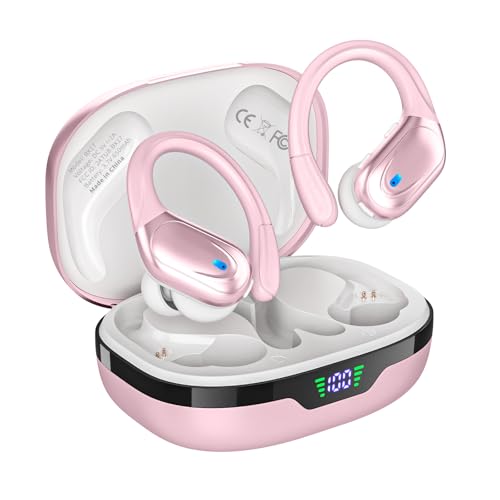 HAOYUYAN Wireless Earbuds, Sports Bluetooth Headphones, 80Hrs Playtime Ear Buds with LED Power Display, Noise Canceling Headset, IPX7 Waterproof Earphones for Workout/Running-Light pink
