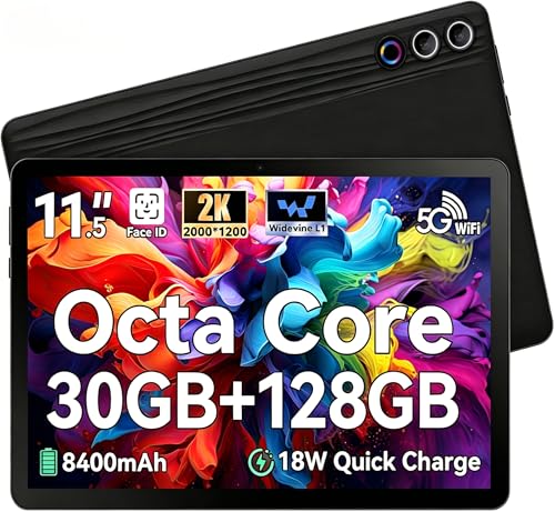 Ainmel 11.5 inch Tablet, Android Tablet, 2K Display (2000x1200 IPS), Octa-Core CPU, 30GB+128GB(TF 1TB), 8400mAh, 13MP+8MP, Widevine L1, Wi-Fi 6, 18W Quick Charge Gaming Streaming Study Tablets Pad