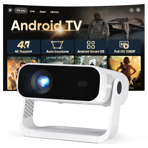 2026 New Smart Projector Built-in Apps, Android 14, Native 1080P 4K Supported WiFi 6 Bluetooth 5.2, 300 ANSI Lumens, Low Fan Noise (<30dB), Home Cinema Projector for iOS/Switch /PS5