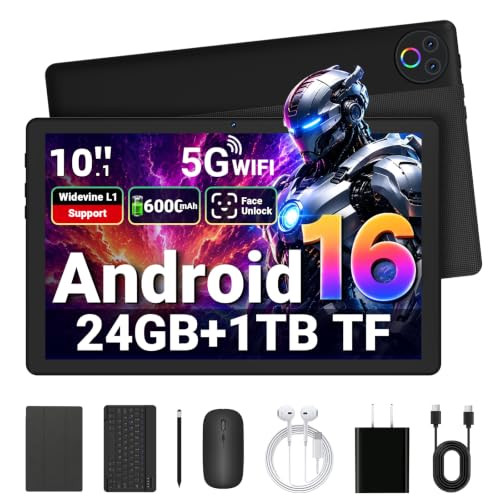 Gleeso Tablet Android 16 10 inch Tablet 24GB RAM/1TB TF, Android Tablet with Face ID OTG, 6000mAh丨5MP+8MP丨WIFI 6&BT 5.4, 2 in 1 Tablet Bundle with Keyboard, Wireless Mouse, Stylus, Widevine L1-Black