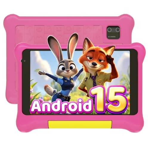 Laptok Kids Tablet 7 Inch, Android 15 Tablet for Kids with 24GB+32GB+1TB Expand, GMS Certified, Fast Charging, Dual Camera, 2800mAh, WiFi 6, BT 5.4, Widevine L1,Tablet with Protective Case, Pink