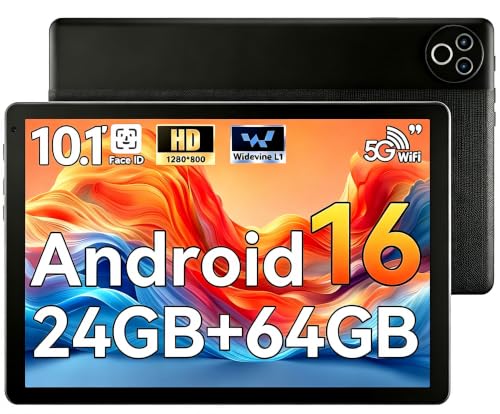 MUISOO Android 16 Tablet, 10 inch Tablet, 24GB RAM 64GB ROM(1TB TF Expand), Dual Cameras & Speakers, WiFi 6, BT5.4, 1280 * 800 IPS, 6000mAh, Gaming Learning Working Pad PC Tablets, Black