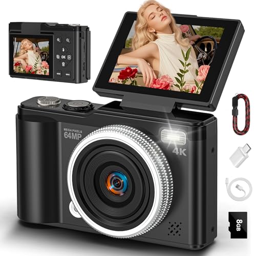 4K 64MP Digital Camera with SD Card, 180° Flip Screen Autofocus Camera with Macro Function and 16x Digital Zoom, Compact Camera with USB Cable for Teenagers Boys and Girls