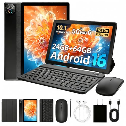 MUISOO Android 16 Tablet, 10 inch Tablet, Android Tablets with Pen Case Keyboard Mouse Earphone, 24GB RAM+64GB ROM (TF 1TB), 6000mAh, WiFi 6, BT5.4, Dual Cameras & Speakers, Black