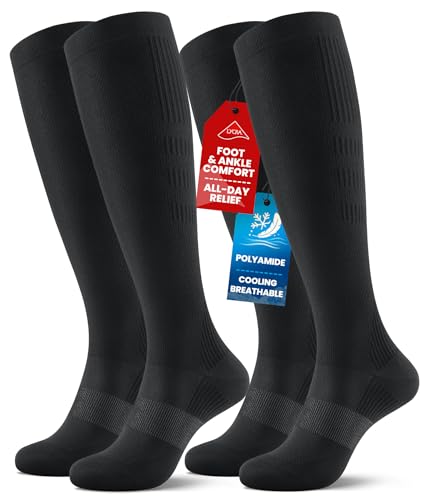 PULIOU Cooling Compression Socks for Women and Men, 20–30 mmHg Graduated Compression, Circulation Knee High Flight Socks for Flying, Travel, Sport, Nurses, 2 Pairs, Black L-XL