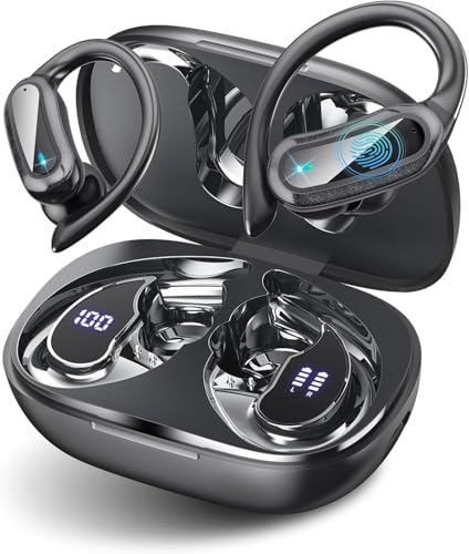 TRAUSI Wireless Earbuds Bluetooth Headphones, Bluetooth 5.3 Stereo Over Ear Buds, Noise Cancelling Mic, IPX7 Waterproof Earphones for Workout/Running, Black