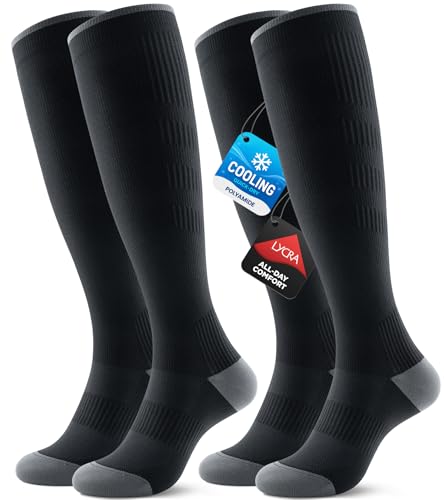 RUIXUE Compression Socks for Women and Men, 20-30 mmHg Cooling Flight Socks, 2 Pairs Graduated Socks for Travel, Sport, Nurse, Long Sitting(Swelling & Aches Relief), Black, L-XL