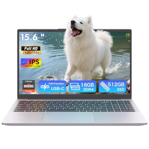 Auusda 15.6” Full HD Laptop, 16GB RAM 512GB SSD, Compatible with Win11, Backlit Keyboard, Fingerprint Unlock, Lightweight Student Laptop for Study & Office, USB-C, Long Battery Life, Silver