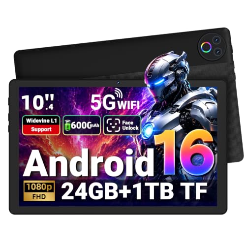 Gleeso Tablet｜Android 16 Tablet 10 Inch｜24GB RAM 1TB TF Android Tablets with 6000mAh｜Face Unlock｜Widevine L1｜BT 5.4/5G WiFi｜8MP Dual Camera, OTG Tablet PC - Black