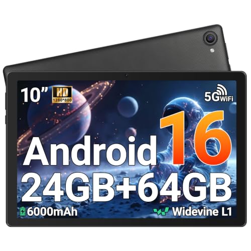 Gleeso Tablet 10 inch Android 16, 24GB+64GB/1TB TF, Face ID丨OTG, IPS丨1280*800丨WiFi 6丨BT5.3丨Tab PC with Dual Camera 5MP+8MP, 6000mAh, Support Widevine L1(Black)