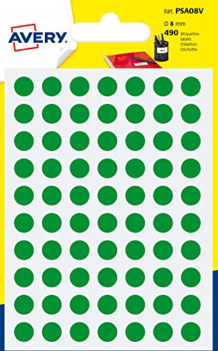 Avery psa08 V Pack of 490 Pastilles 8 mm Diameter – Green - down 49.09% (£2.69) to £2.79 from £5.48