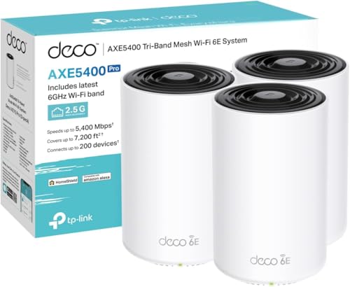 TP-Link Deco XE75 Pro(3-pack) AXE5400Mbps Mesh WiFi 6E System, True Tri-Band Speed, 2.5 Gbps Port, AI-Driven, Coverage up to 7200ft², WiFi Router and Extender Booster, Gaming & 4K, Easy Setup