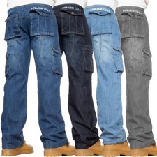 Kruze Mens Cargo Jeans Combat Work Trousers Denim Straight Leg Pants All Sizes
