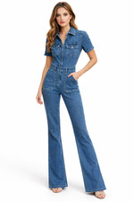 Ladies EX High Street Blue Denim Zip Front Flared Jumpsuit Short Sleeve Wide Leg