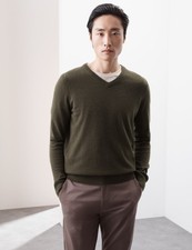 M&S - Autograph Mens Cashmere V-Neck Long sleeved Jumper in Khaki